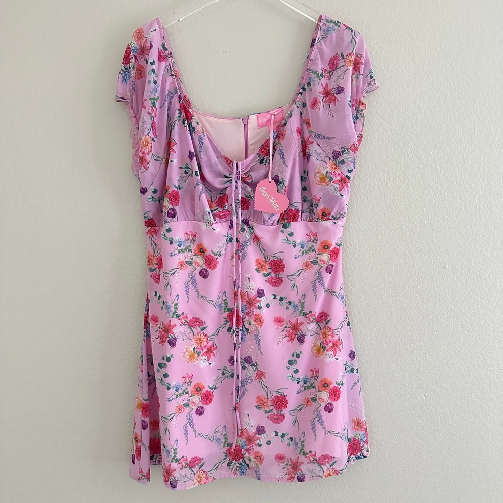 Sugar Thrillz Sweet Tryst of Fate Mini Dress Womens 1X Pink‎ Floral Chiffon NEW